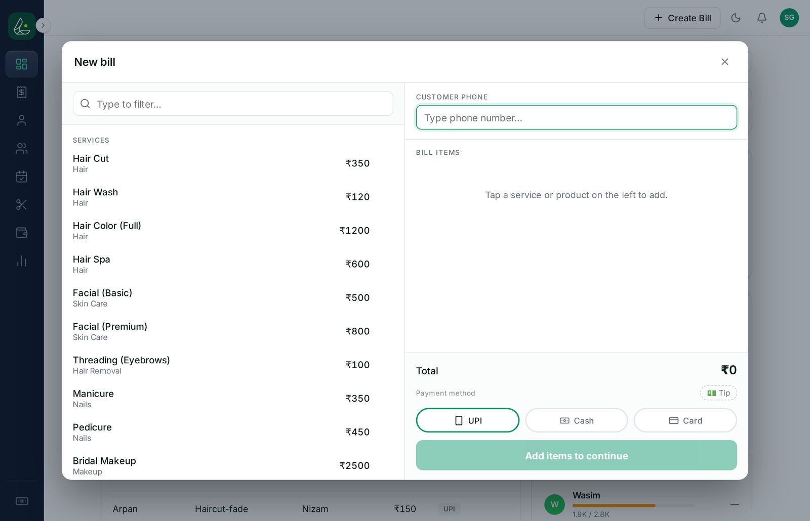 Limvo billing — services on the left, live bill on the right