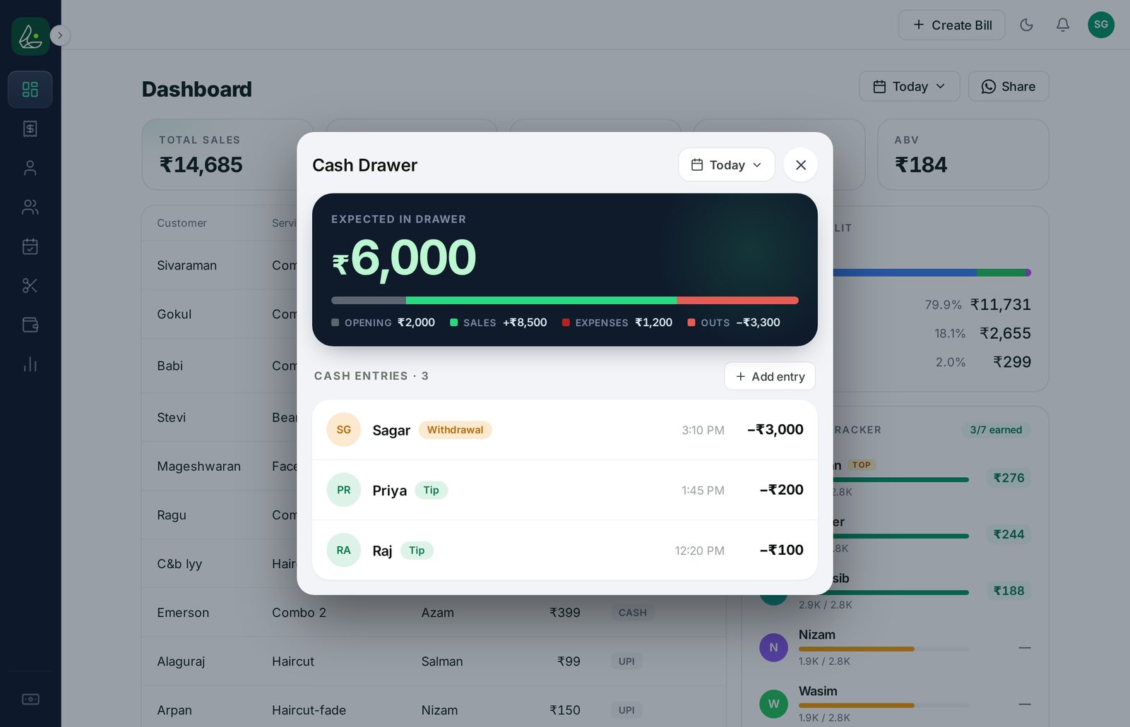 Limvo cash drawer — expected in drawer, computed live